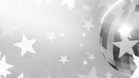 Animation-of-white-star-over-silver-disco-ball-on-grey-background