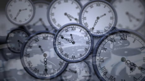 Animation-of-moving-clocks-over-cog-wheels-on-white-background