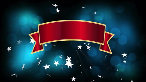 Animation-of-red-banner-with-copy-space-and-stars-falling-over-blue-background