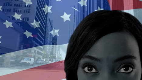 Animation-of-african-american-woman-over-cityscape-and-flag-of-usa