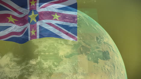 Animation-of-flag-of-niue,-interface-screens-and-data-processing-over-globe-in-space