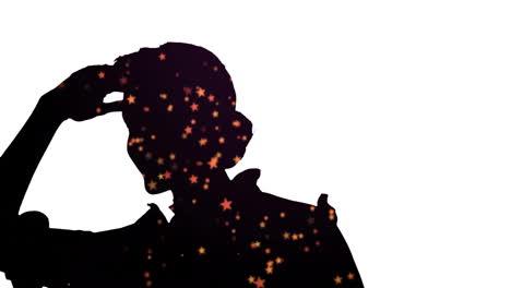 Animation-of-dots-in-silhouette-of-woman-looking-with-hand-on-forehead-looking-far-away