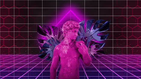 Animation-of-glitched-male-statue-on-leaves-with-grid-pattern-against-abstract-background