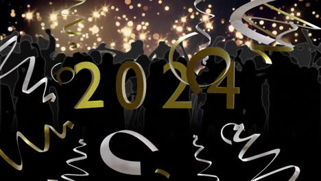 Animation-of-2024,-party-streamers-and-spots-of-light-on-black-background