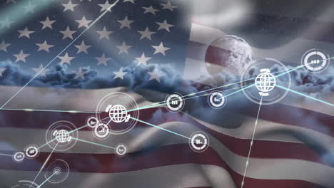 Animation-of-global-communication-network-over-globe,-stormy-sky-and-american-flag