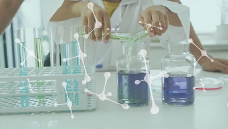 Animation-of-nucleotides-over-caucasian-girl-pouring-chemical-from-test-tube-to-laboratory-flask
