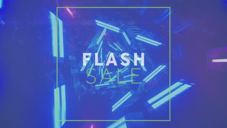 Animation-Eines-Flash-Sale-Textes-über-Rotierenden-Blauen-Rechteckigen-Lichtern-Auf-Blauem-Hintergrund