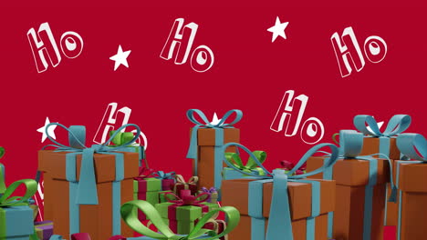 Animation-of-hohoho-text-over-christmas-decorations-on-red-background