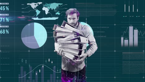 Animation-of-financial-data-processing-and-caucasian-man-holding-files-on-dark-background