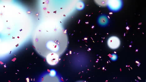 Animation-of-glowing-lights-and-confetti-falling-on-black-background