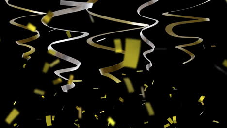 Animation-Von-Party-Luftschlangen-Und-Konfetti-Auf-Schwarzem-Hintergrund