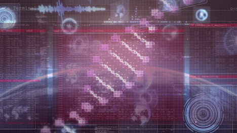 Animation-Eines-DNA-Strangs-über-Ein-Netzwerk-Von-Verbindungen-Auf-Dunklem-Hintergrund