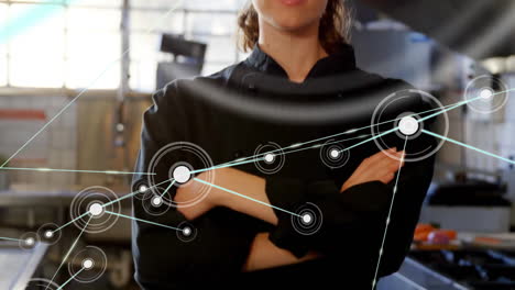 Animation-of-network-of-connections-over-caucasian-female-chef-with-arms-crossed