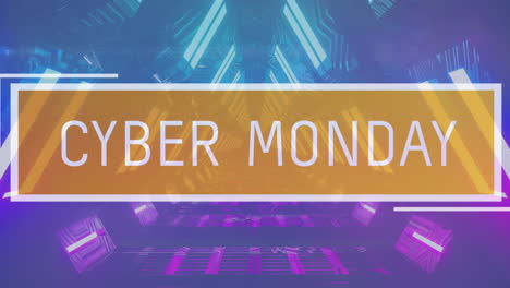 Animation-of-cyber-monday-text-in-orange-box-over-blue-rectangular-lights-on-blue-background