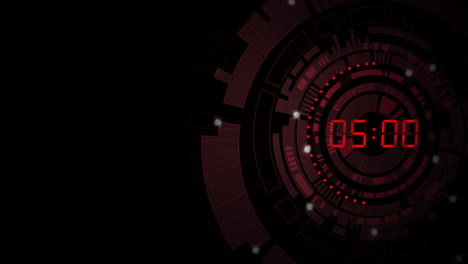 Animation-of-red-digital-timer-changing-on-red-circles-over-black-background