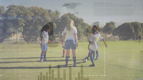 Animation-of-financial-data-processing-over-diverse-female-football-players