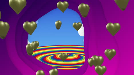 Animation-Von-Herzförmigen-Luftballons-Und-Abstraktem-Muster-über-Regenbogenfarbigen-Kreisen