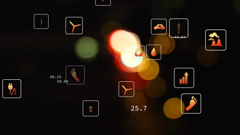 Animation-Der-Datenverarbeitung-Von-Öko-Symbolen-über-Unscharfen-Lichtern-Der-Stadt