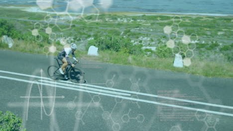 Animation-of-chemical-models-and-data-processing-over-caucasian-woman-riding-bicycle-on-road