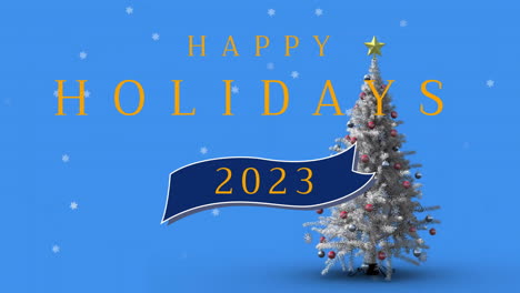 Animación-Del-Texto-De-Felices-Fiestas-2023-Y-Nieve-Cayendo-Sobre-El-árbol-De-Navidad-Sobre-Fondo-Azul