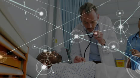 Animation-of-network-of-connections-over-caucasian-doctors-examining-patient