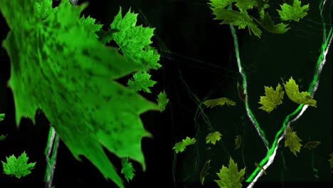 Animation-of-green-leaves-over-moving-lines-on-black-background