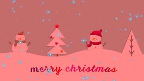 Animation-of-merry-christmas-text-over-snow-falling-and-snowman-in-winter-scenery