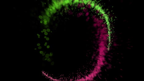 Animation-of-glowing-circle-of-green-and-pink-light-trial-with-copy-space-on-black-background