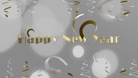 Animation-of-happy-new-year-text,-party-streamers-and-confetti-on-grey-background