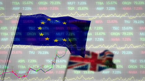 Animation-of-financial-data-processing-over-flag-of-eu-and-flag-of-uk-on-white-background