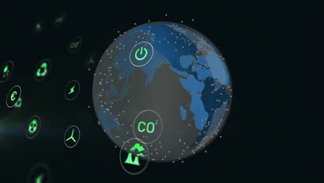 Animation-of-spots-and-icons-over-globe-on-black-background