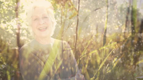 Animation-of-spots-of-light-and-trees-over-smiling-senior-caucasian-woman-in-garden