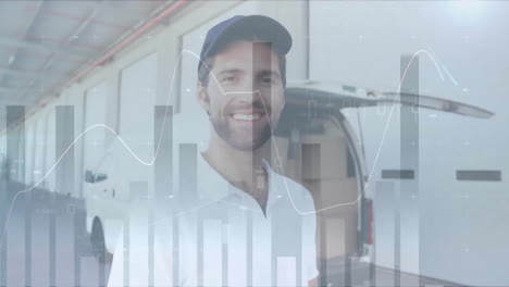 Animation-of-financial-data-processing-over-smiling-caucasian-delivery-man