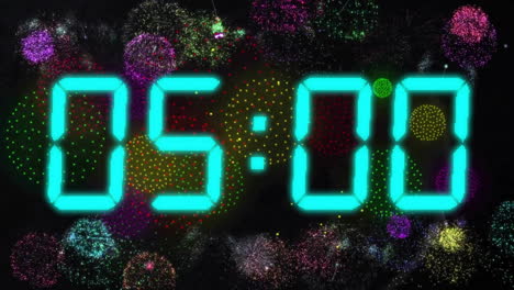 Animation-of-digital-clock-counting-down-to-midnight-with-fireworks-on-black-background