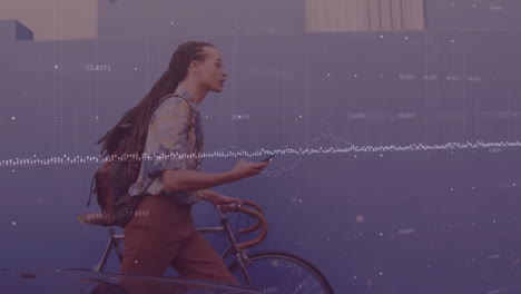 Animation-of-data-processing-over-biracial-man-with-dreadlocks-and-bike-using-smartphone