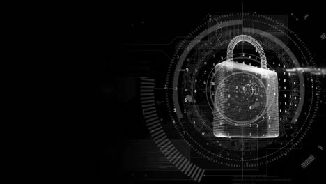 Animation-of-padlock,-scope-and-data-processing-over-dark-background