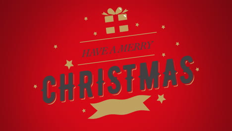 Animation-Von-Geschenkbox,-Schleife,-Sternen-Und-Frohe-Weihnachten-Text-Auf-Rotem-Hintergrund