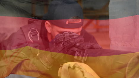 Animation-of-flag-of-germany-over-caucasian-male-soldiers-looking-through-binoculars