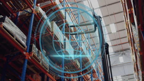 Animation-of-globe,-cyber-security-text-in-shield-over-forks-of-forklift-coming-down-in-warehouse