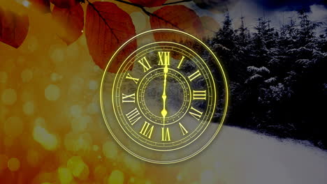 Animation-of-yellow-clock-with-fast-moving-hands-and-light-spots-over-autumn-leaves-and-winter-scene