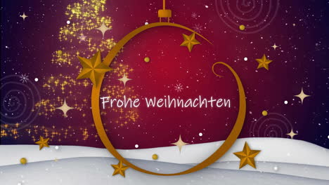 Animation-of-frohe-weihnachten-and-snow-falling-over-winter-scenery