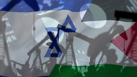 Animation-of-oil-rigs-and-financial-data-processing-over-flag-of-palestine-and-israel