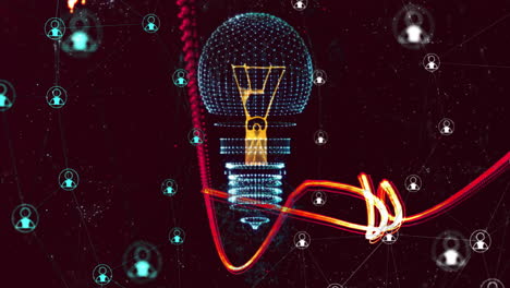 Animation-of-light-bulb-and-data-processing-on-dark-background