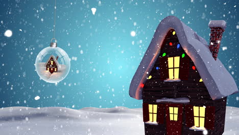 Animation-of-snow-falling-over-christmas-snow-globe-and-winter-scenery
