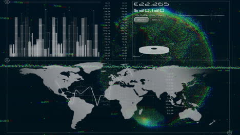 Animation-of-globe-over-diagrams-and-world-map-on-black-background