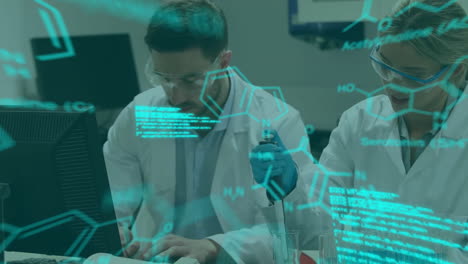 Animation-of-data-processing-with-chemical-formula-over-caucasian-male-and-female-scientist-in-lab