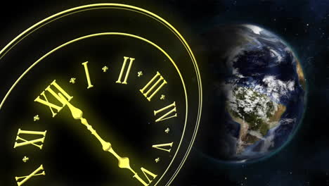 Animation-of-clock-showing-midnight-and-globe-on-black-background