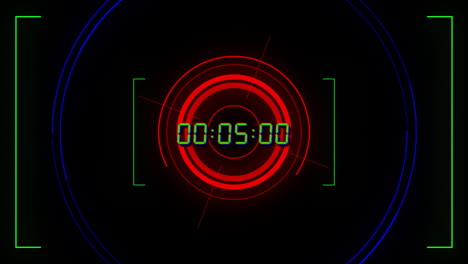 Animation-of-green-digital-timer-changing-with-red-circles-on-black-background