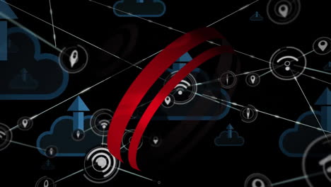 Animation-Eines-Verbindungsnetzwerks-Mit-Symbolen-über-Dem-Zielfernrohr-Auf-Dunklem-Hintergrund