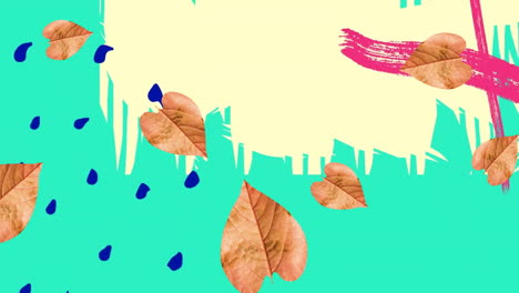 Animation-of-leaves-and-colourful-shapes-on-green-background
